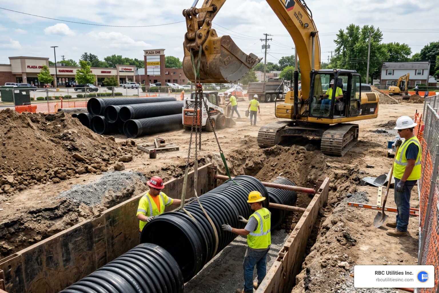 Professional crew installing large-diameter sewer piping at a commercial construction site - sewer pipe replacement services Professional crew installing large-diameter sewer piping at a commercial construction site - sewer pipe replacement services
