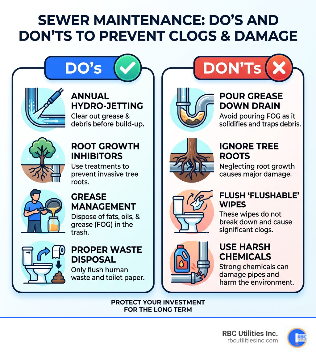 Infographic showing the 'Do's and Don'ts' of sewer maintenance to prevent clogs and damage - sewer pipe replacement services Infographic showing the 'Do's and Don'ts' of sewer maintenance to prevent clogs and damage - sewer pipe replacement services