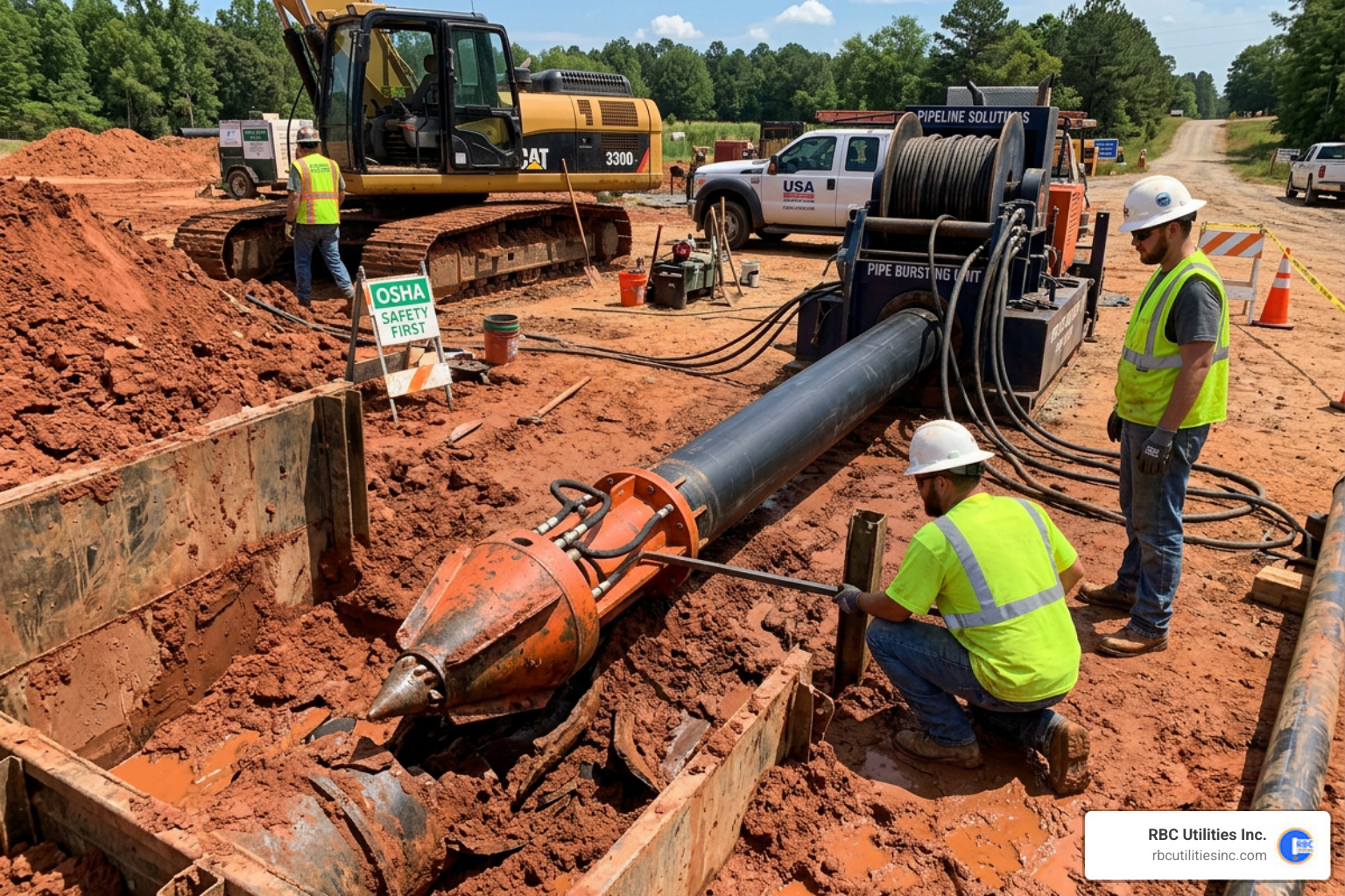 A trenchless pipe bursting head emerging from an exit pit, showing the new pipe attached - sewer pipe replacement services A trenchless pipe bursting head emerging from an exit pit, showing the new pipe attached - sewer pipe replacement services