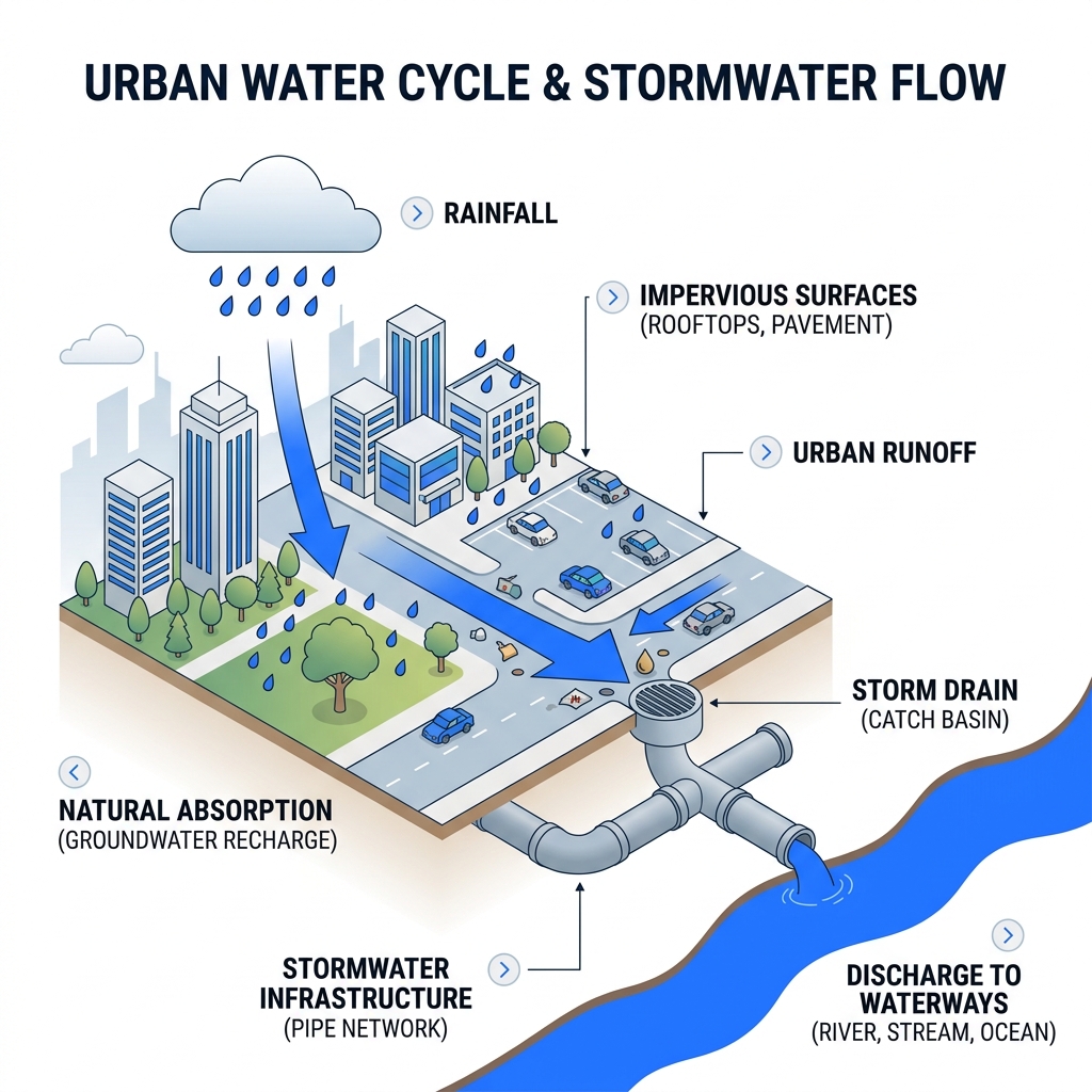 Urban water cycle infographic showing rainfall, impervious surfaces, runoff, storm drains, and discharge to waterways Urban water cycle infographic showing rainfall, impervious surfaces, runoff, storm drains, and discharge to waterways