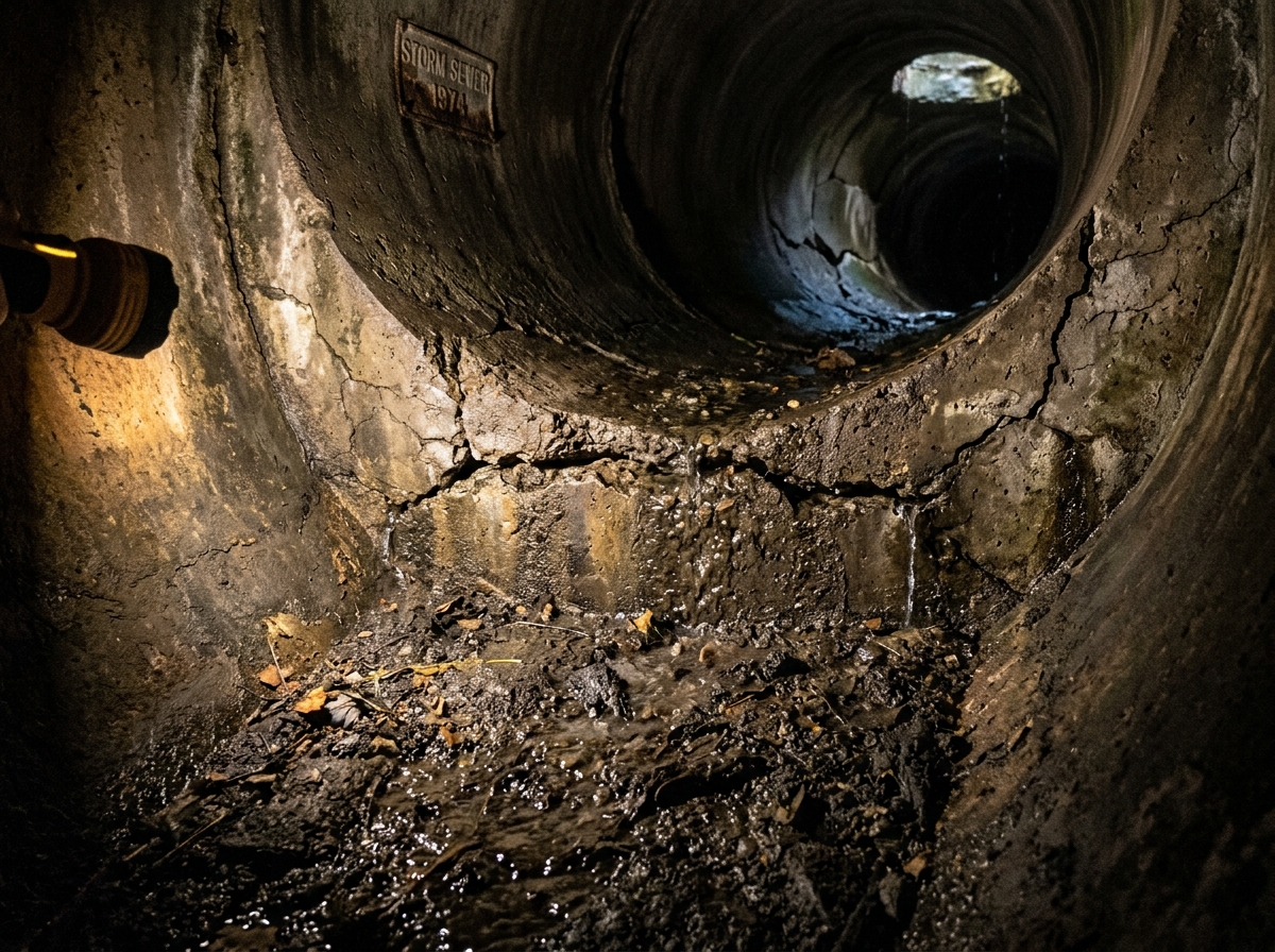 Aging concrete storm pipe with visible cracks and sediment buildup - stormwater infrastructure Aging concrete storm pipe with visible cracks and sediment buildup - stormwater infrastructure