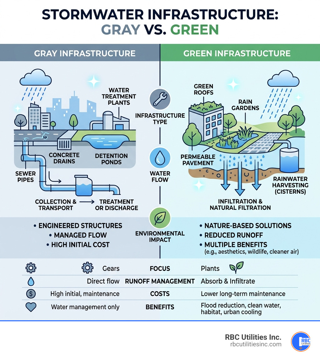 Infographic comparing gray and green stormwater infrastructure - stormwater infrastructure infographic Infographic comparing gray and green stormwater infrastructure - stormwater infrastructure infographic