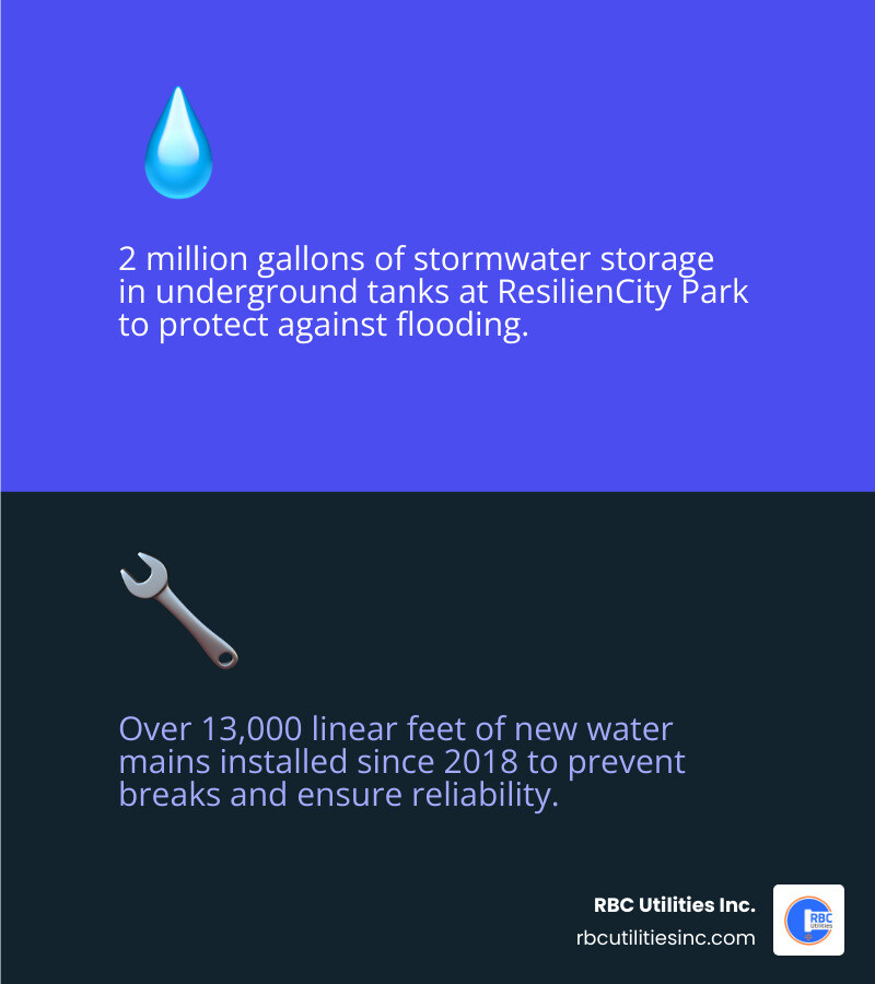 Infographic showing Hoboken infrastructure stats: 2 million gallon storm storage, 13,000 ft of water mains infographic