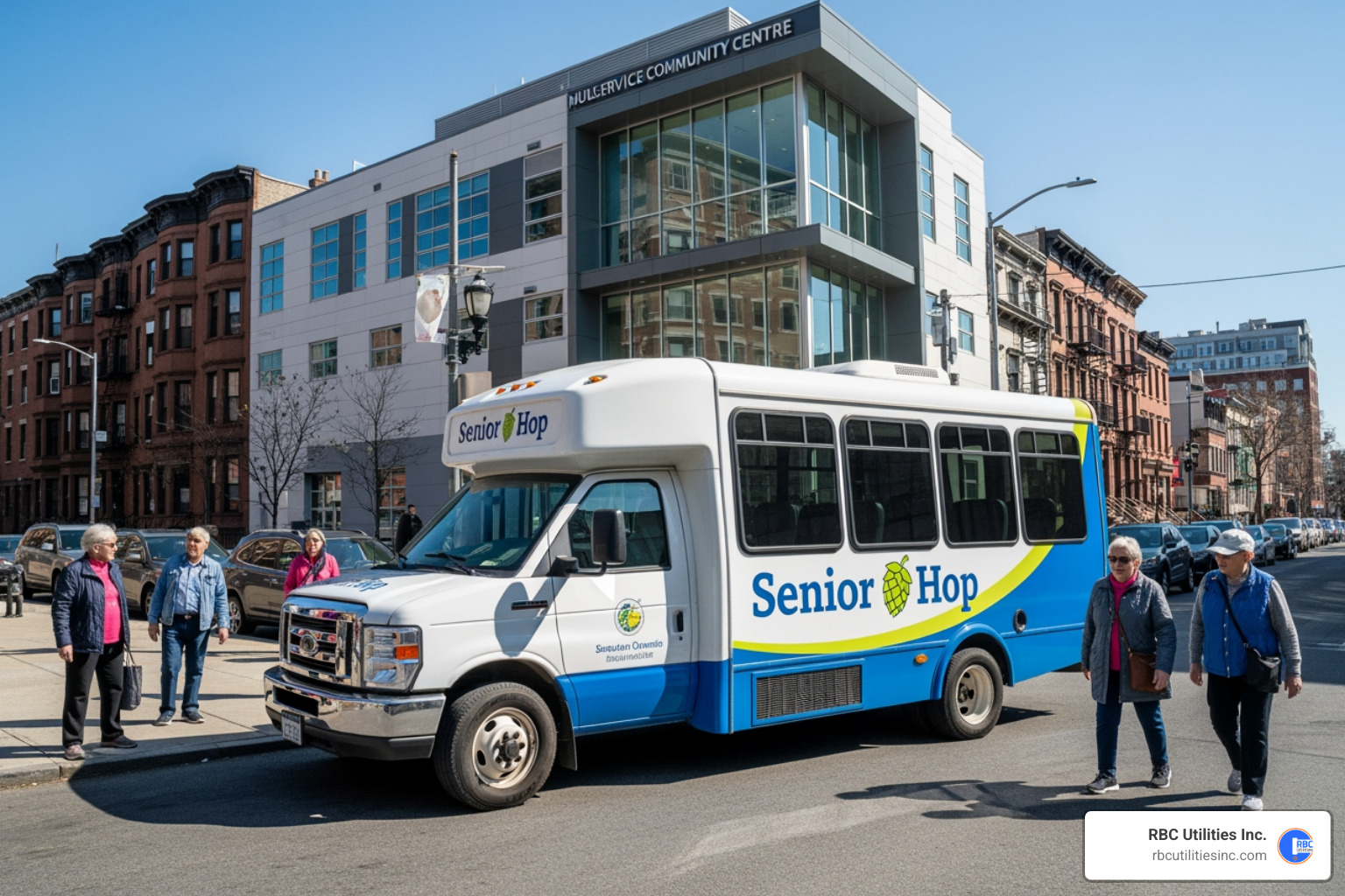 The Senior Hop shuttle parked in front of the Multi-Service Center