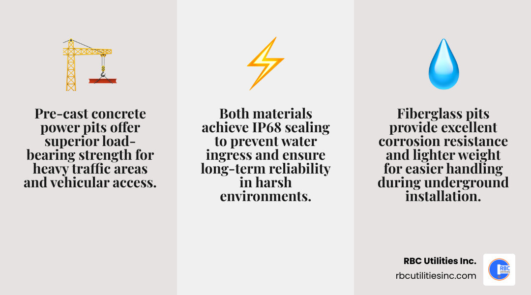 Infographic comparing pre-cast concrete and fiberglass power pits infographic Infographic comparing pre-cast concrete and fiberglass power pits infographic