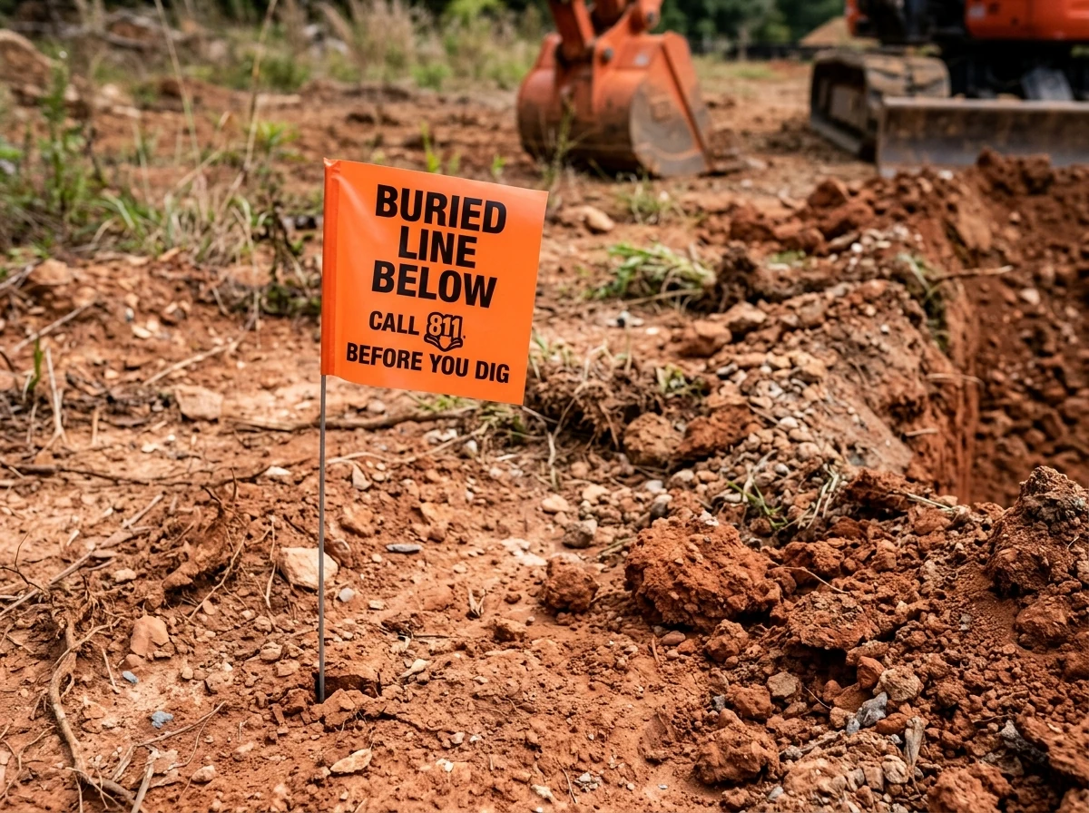 Utility marking flag in North Carolina soil indicating buried lines - utility trench excavation NC Utility marking flag in North Carolina soil indicating buried lines - utility trench excavation NC