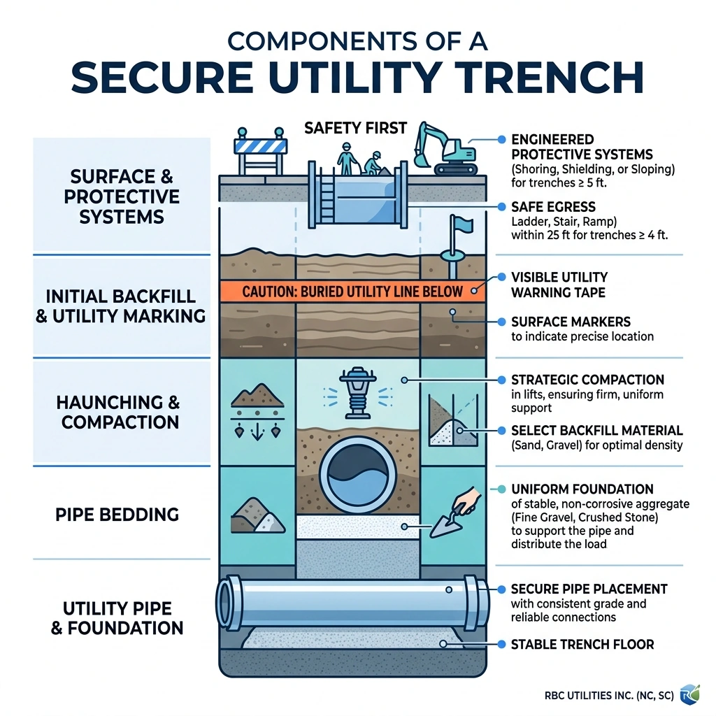 Components of a secure utility trench including bedding, compaction, protective systems, and utility marking - utility Components of a secure utility trench including bedding, compaction, protective systems, and utility marking - utility