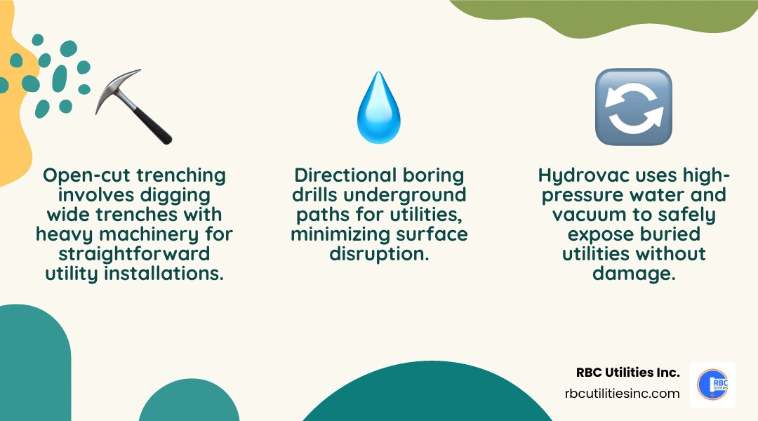Infographic comparing open-cut, hydrovac, and directional boring methods infographic Infographic comparing open-cut, hydrovac, and directional boring methods infographic