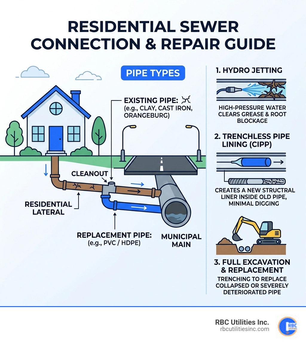 Diagram showing residential sewer line connection to municipal system with pipe types and repair options - sewer line repair Diagram showing residential sewer line connection to municipal system with pipe types and repair options - sewer line repair