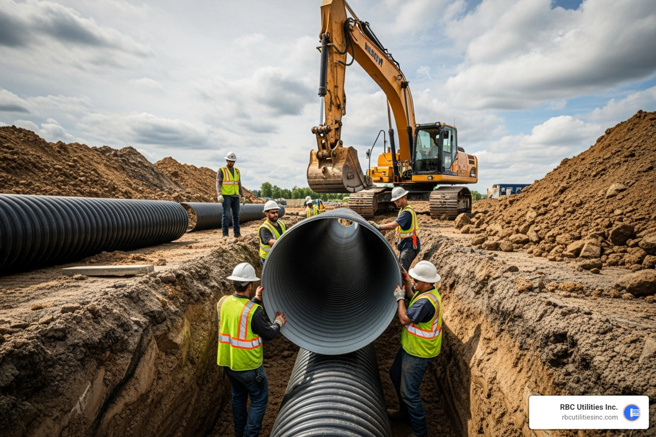 Installation of large diameter corrugated steel pipe for underground detention Installation of large diameter corrugated steel pipe for underground detention