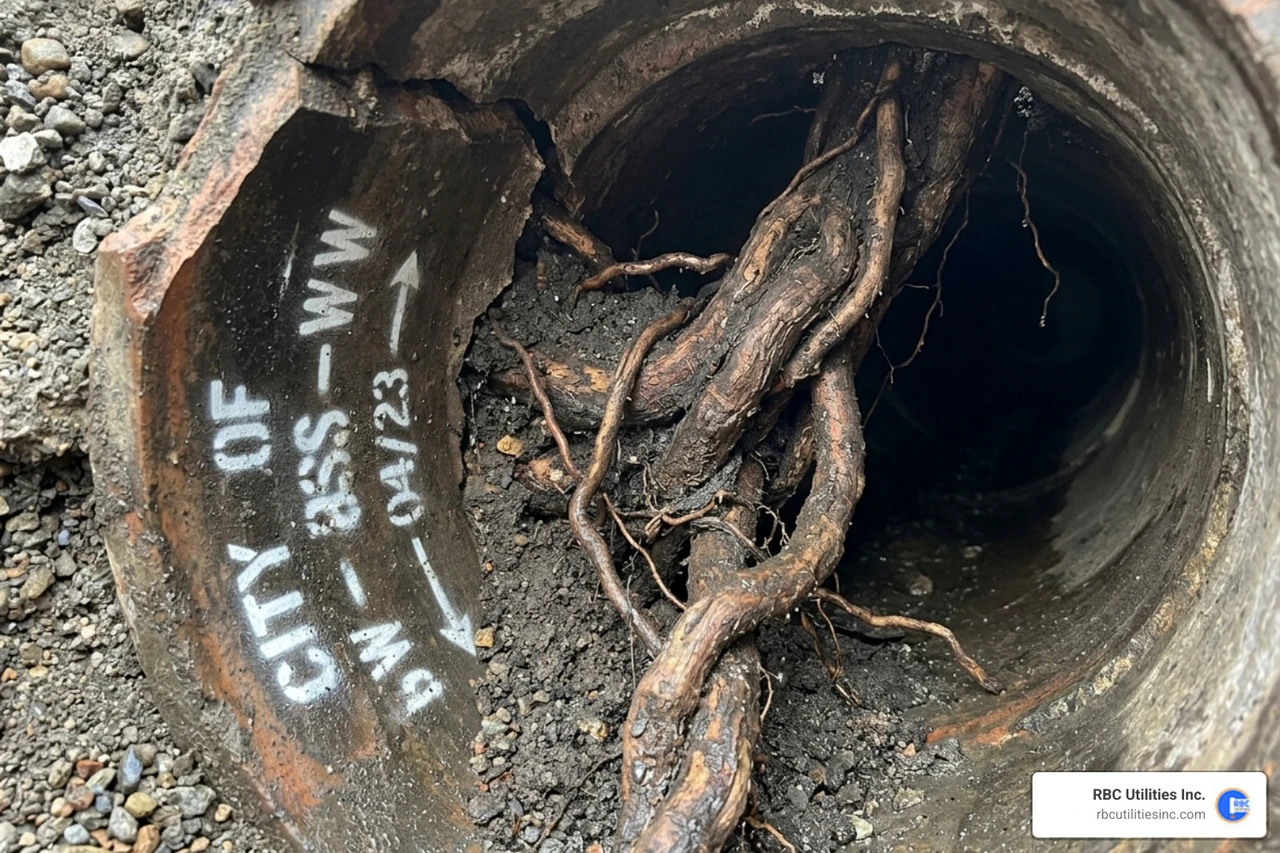 Tree root intrusion in a sewer pipe showing roots breaking through pipe joints - commercial sewer line services
