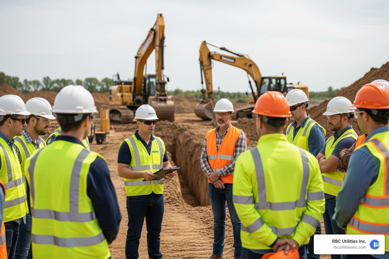 Safety briefing at an excavation site with contractors wearing high-visibility gear Safety briefing at an excavation site with contractors wearing high-visibility gear