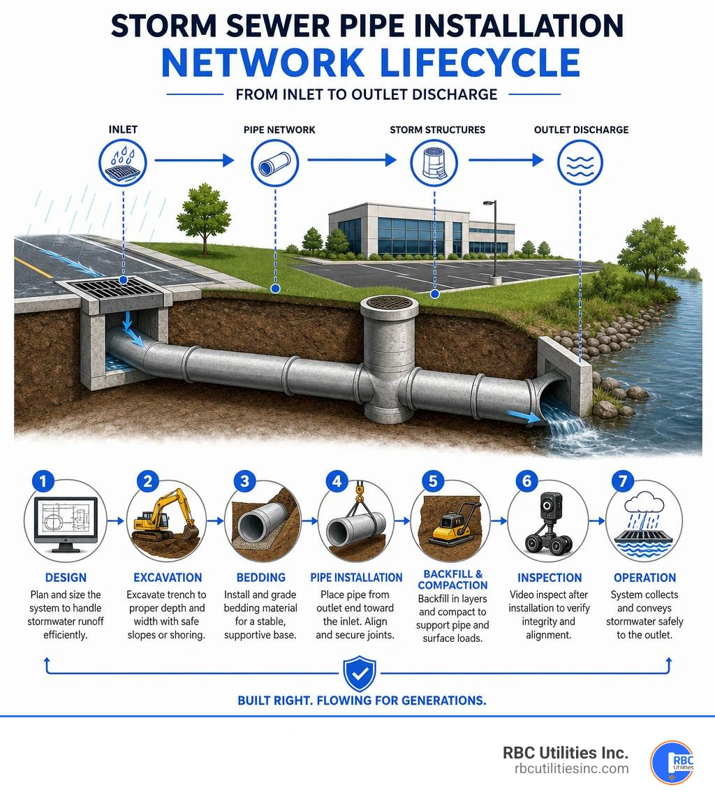 Storm sewer pipe installation network lifecycle from inlet to outlet discharge infographic Storm sewer pipe installation network lifecycle from inlet to outlet discharge infographic