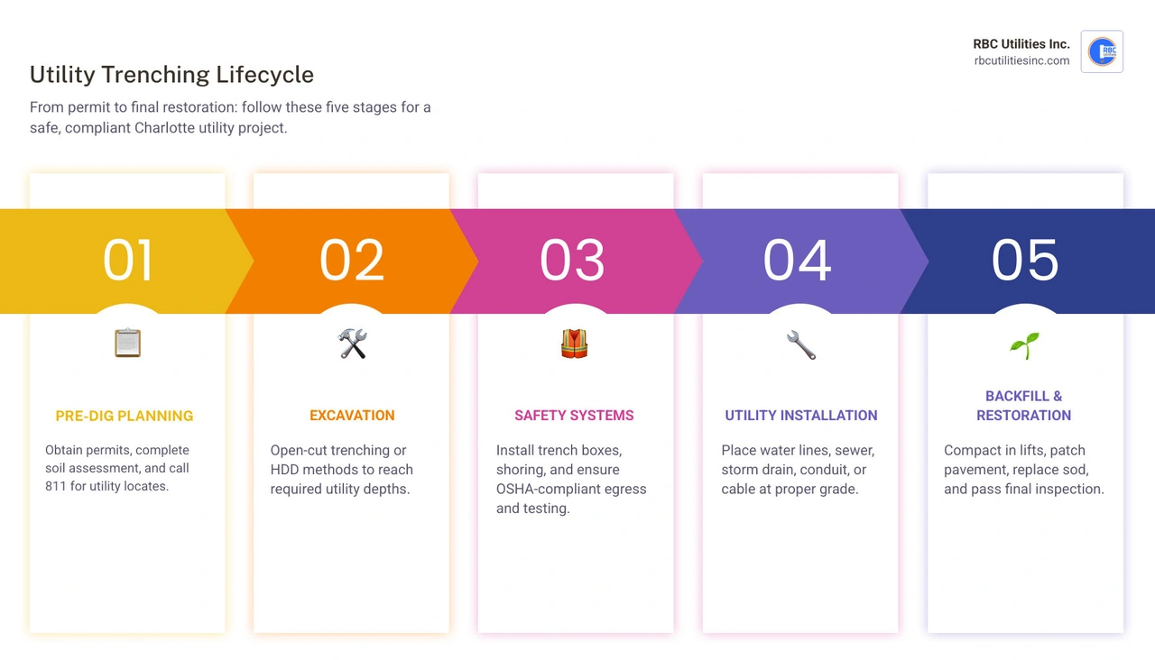 Utility trenching lifecycle from permit to surface restoration in Charlotte NC infographic Utility trenching lifecycle from permit to surface restoration in Charlotte NC infographic