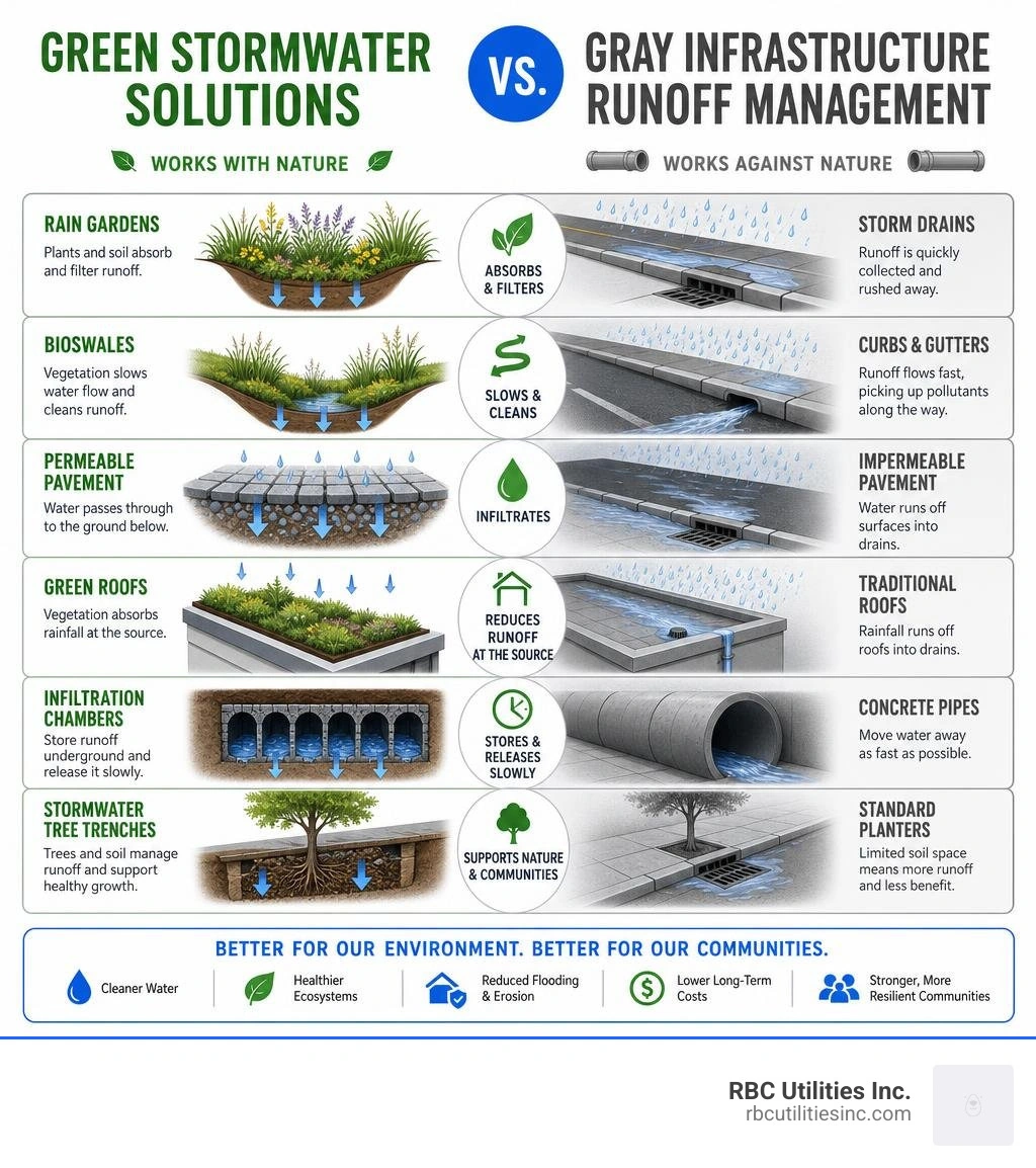Comparison infographic green stormwater solutions vs gray infrastructure runoff management infographic Comparison infographic green stormwater solutions vs gray infrastructure runoff management infographic