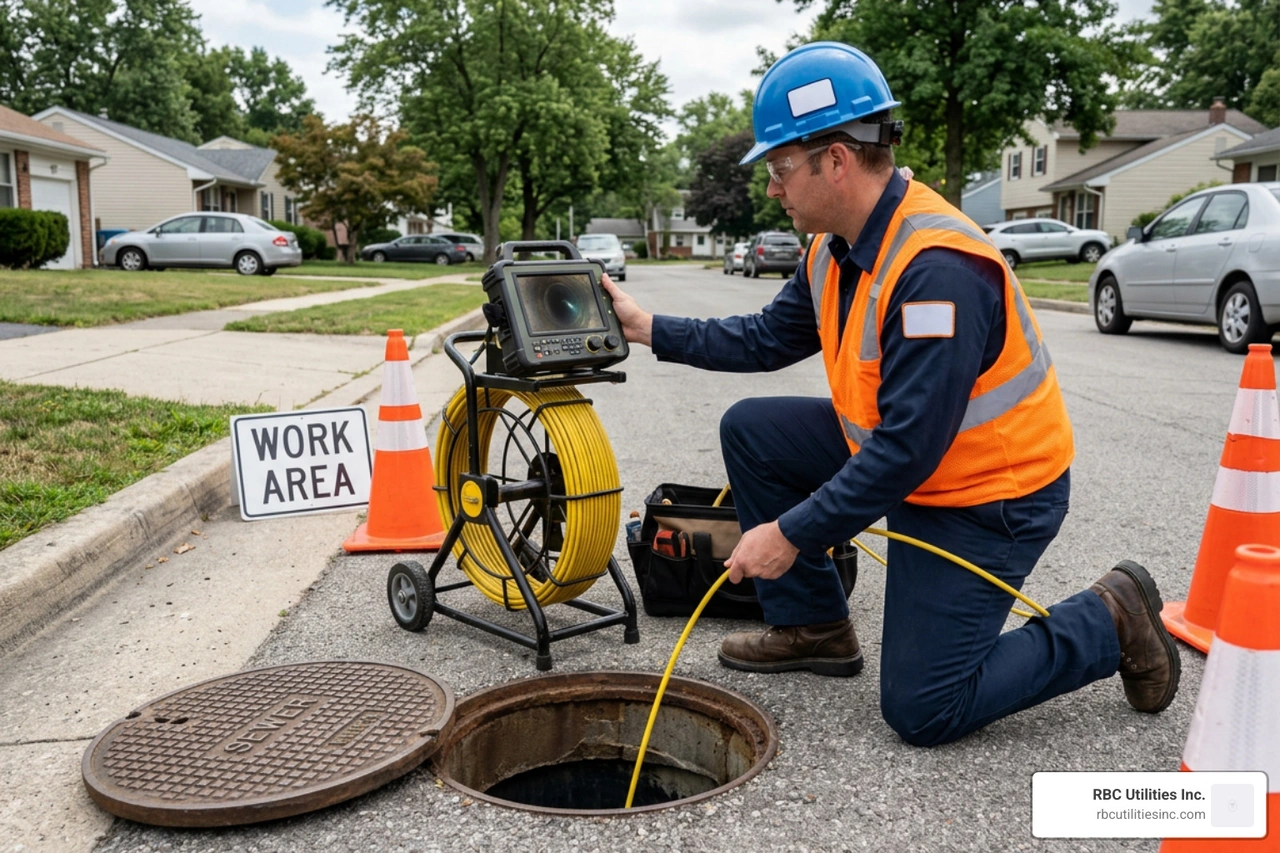technician performing a sewer camera inspection on a mainline pipe technician performing a sewer camera inspection on a mainline pipe