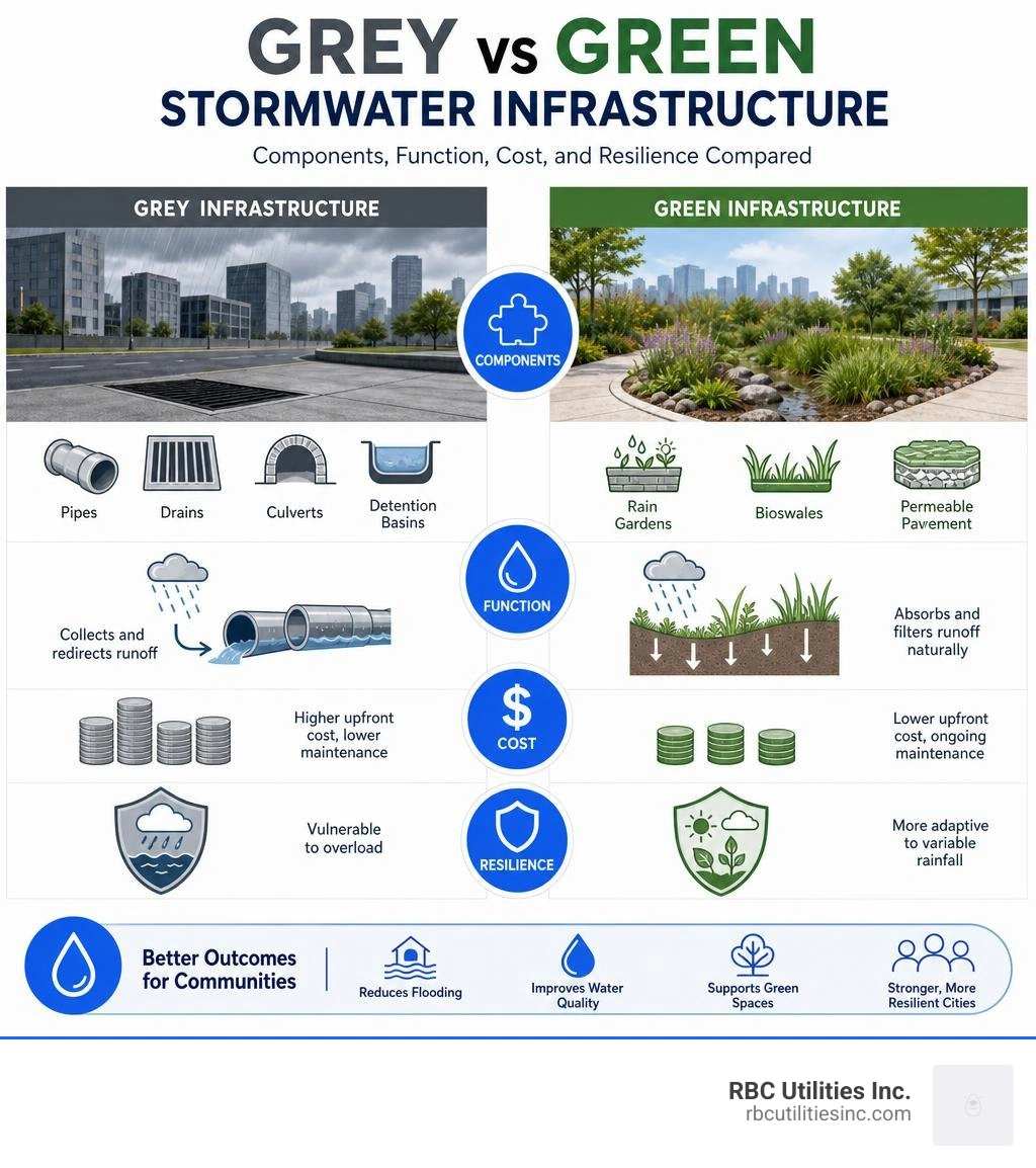 Grey vs green stormwater infrastructure comparison: components, function, cost, and resilience infographic Grey vs green stormwater infrastructure comparison: components, function, cost, and resilience infographic
