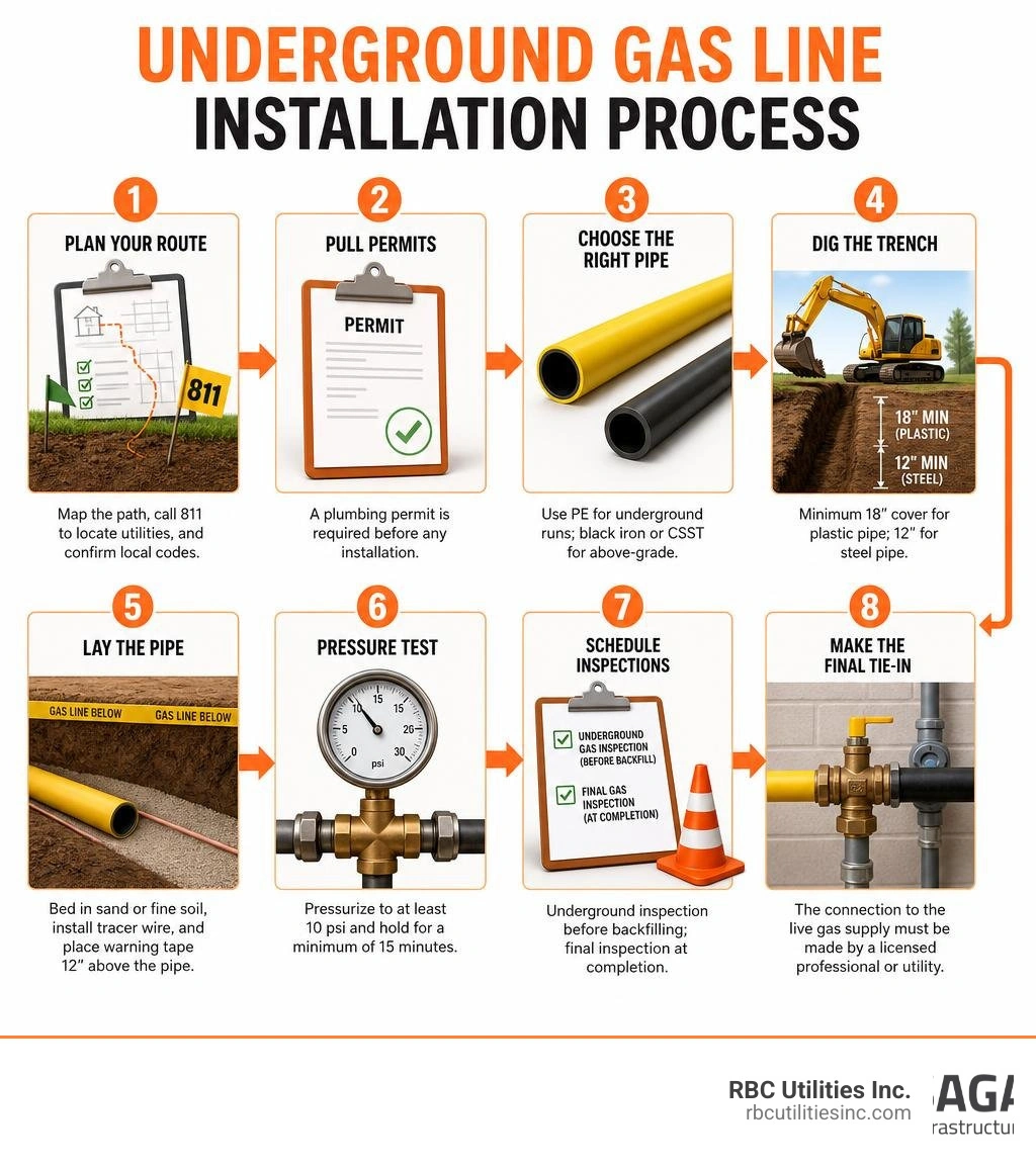 Step-by-step infographic showing the underground gas line installation process from planning to pressure testing infographic Step-by-step infographic showing the underground gas line installation process from planning to pressure testing infographic