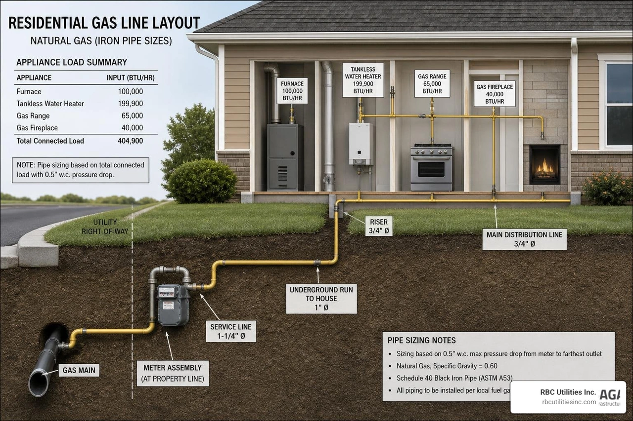 Schematic drawing showing gas line layout, appliance BTU loads, and calculated pipe diameters Schematic drawing showing gas line layout, appliance BTU loads, and calculated pipe diameters