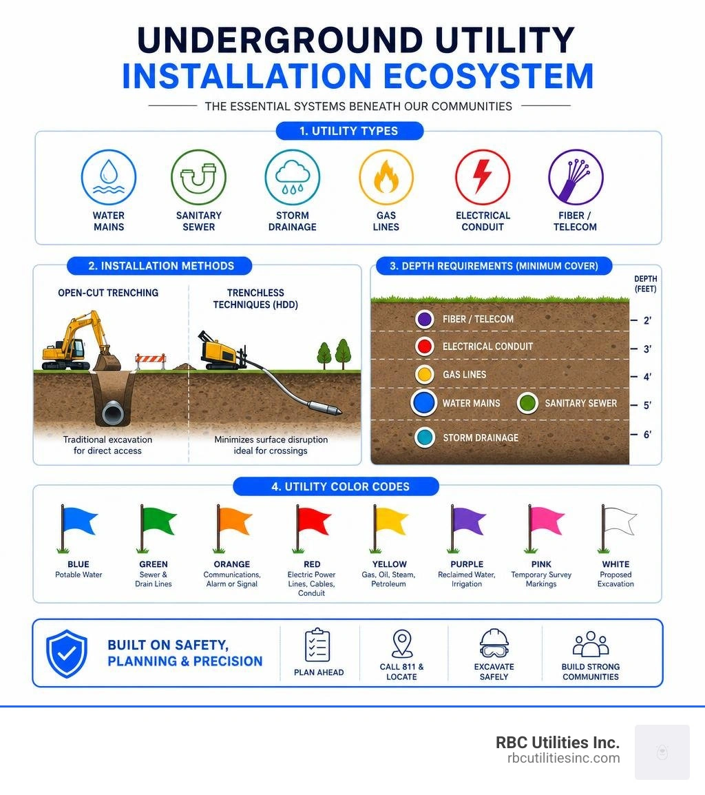 Underground utility installation ecosystem infographic showing utility types, installation methods, depth requirements, and Underground utility installation ecosystem infographic showing utility types, installation methods, depth requirements, and