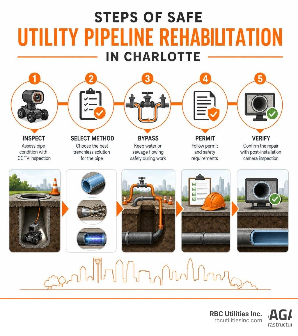 Steps of safe utility pipeline rehabilitation in Charlotte: inspect, select method, bypass, permit, verify infographic