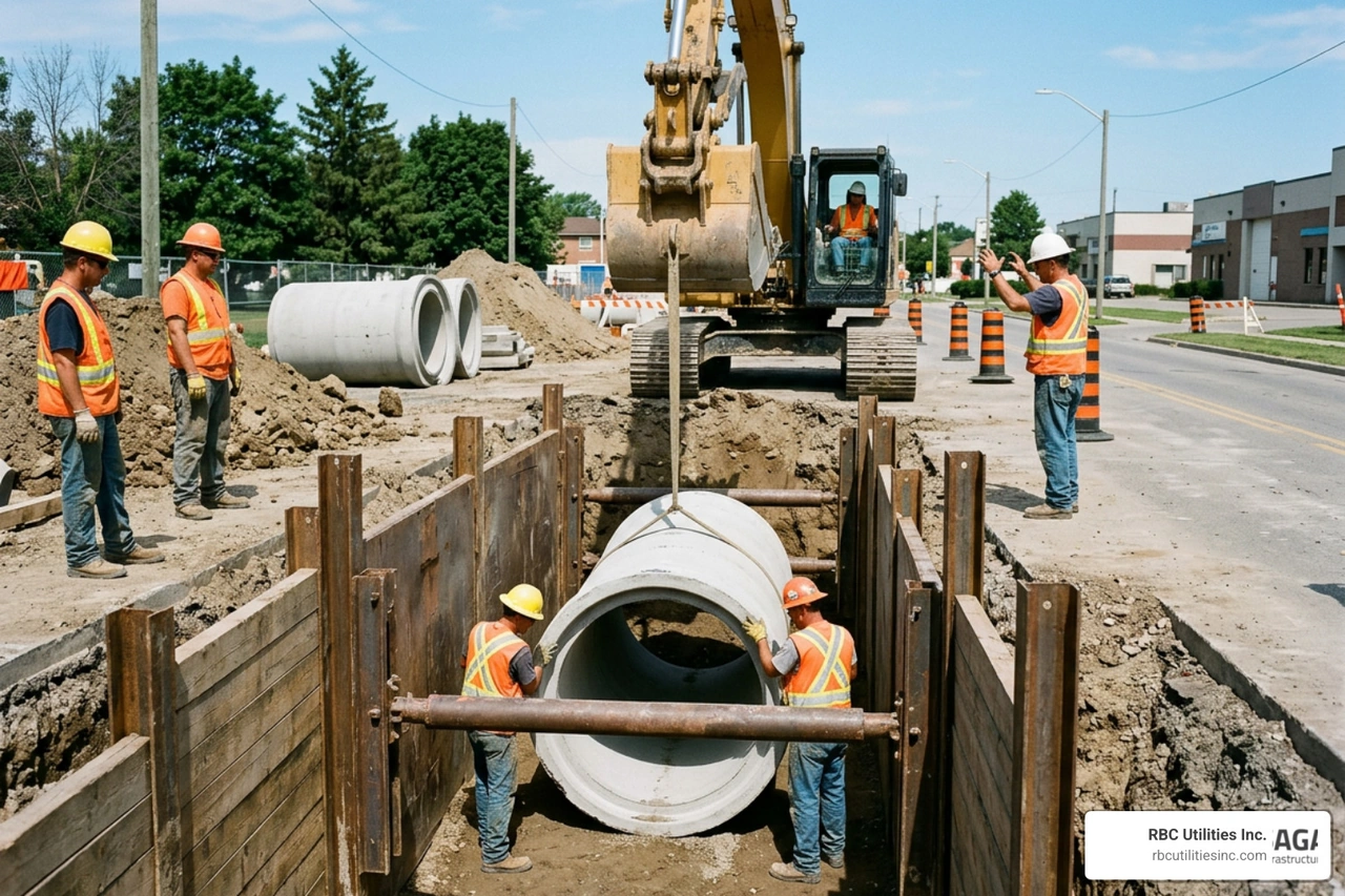heavy machinery laying sewer pipes on a municipal construction site heavy machinery laying sewer pipes on a municipal construction site