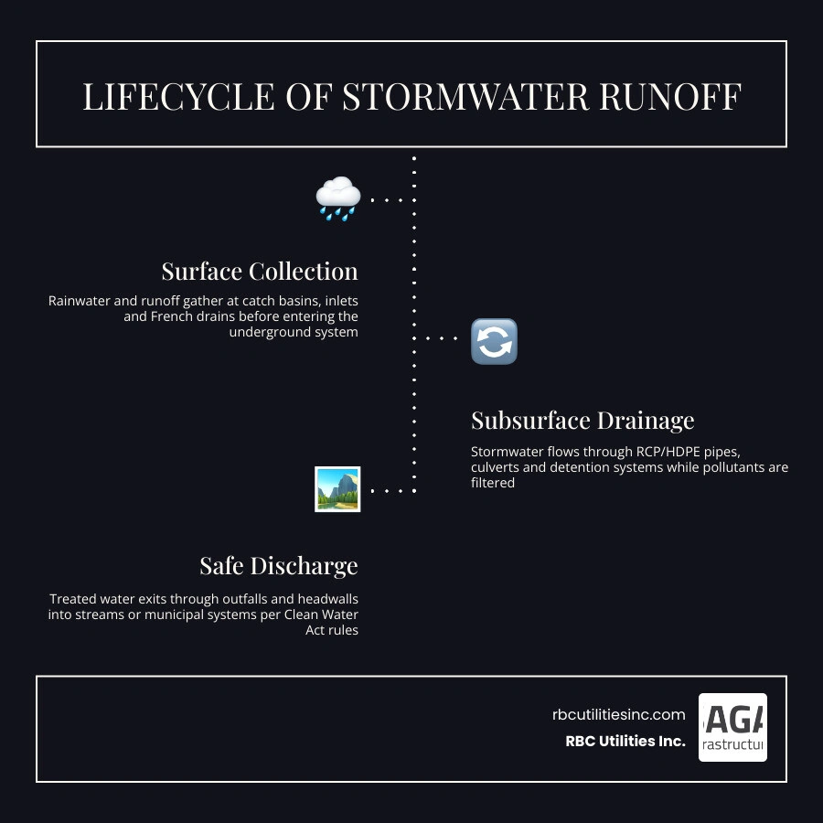 Lifecycle of stormwater runoff from surface collection through subsurface drainage to discharge infographic Lifecycle of stormwater runoff from surface collection through subsurface drainage to discharge infographic