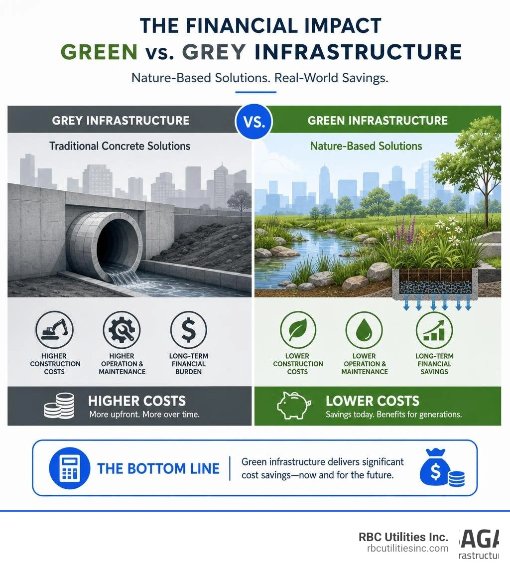 infographic showing the financial savings of green vs grey infrastructure projects infographic infographic showing the financial savings of green vs grey infrastructure projects infographic