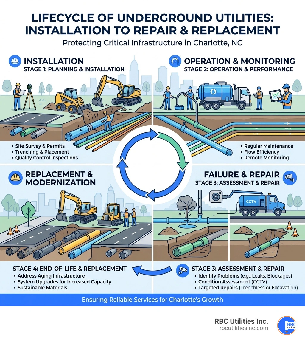 Infographic showing the lifecycle of underground utilities from installation to repair and replacement - utility line repair