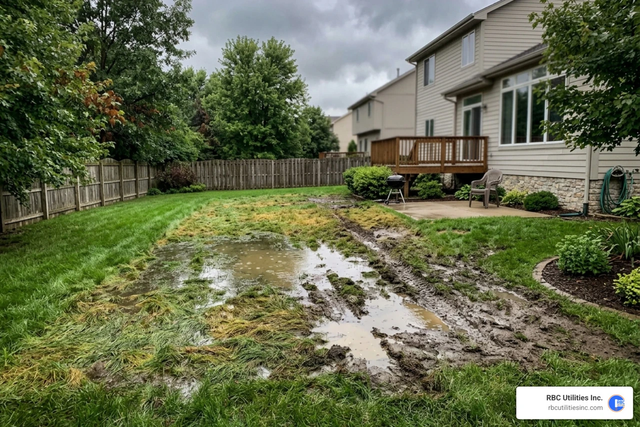 soggy residential lawn indicating a water line leak - utility line repair Charlotte