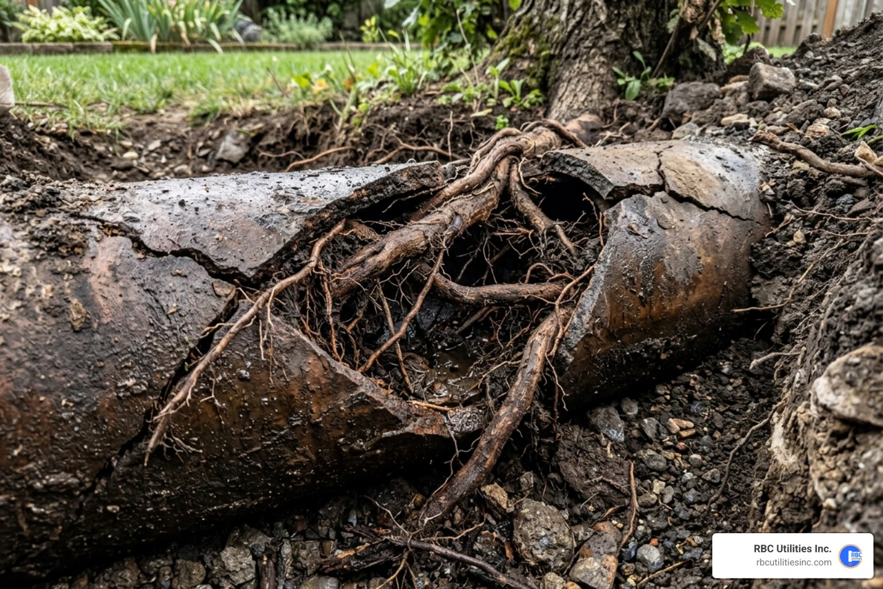 cracked sewer pipe showing root intrusion - utility line repair Charlotte