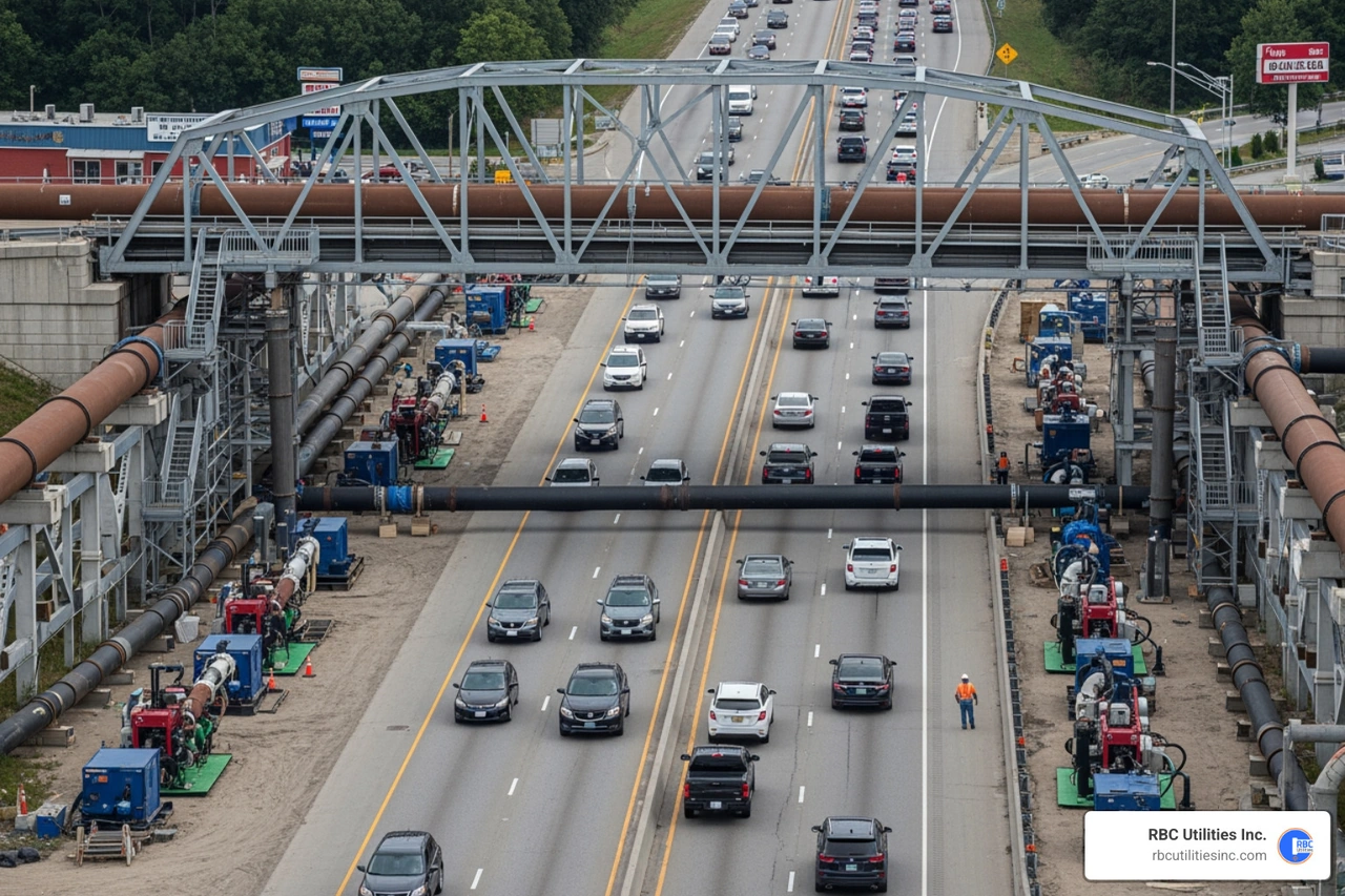 Bypass pumping system using steel truss bridges to carry sewer flow over a busy four-lane highway Bypass pumping system using steel truss bridges to carry sewer flow over a busy four-lane highway