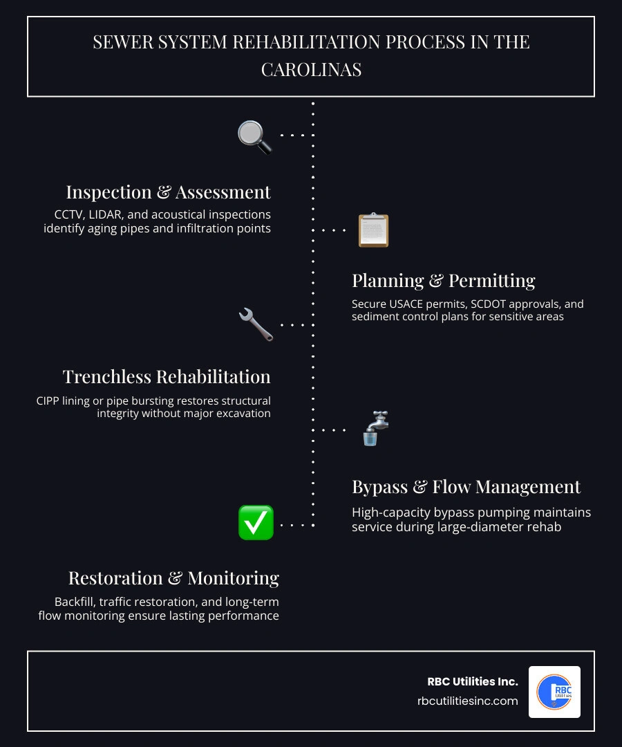 Infographic showing key steps and methods in the Carolinas sewer rehabilitation process infographic Infographic showing key steps and methods in the Carolinas sewer rehabilitation process infographic