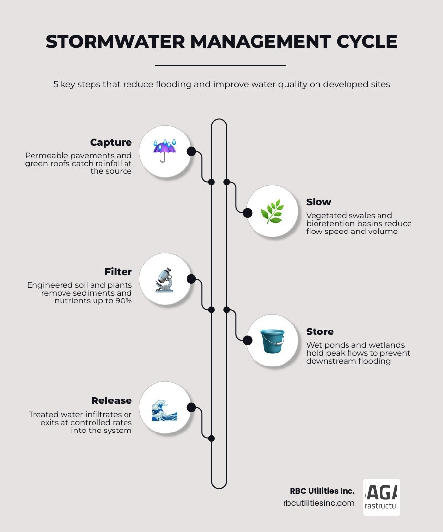 comparison of natural water cycle versus developed runoff and green infrastructure solutions infographic