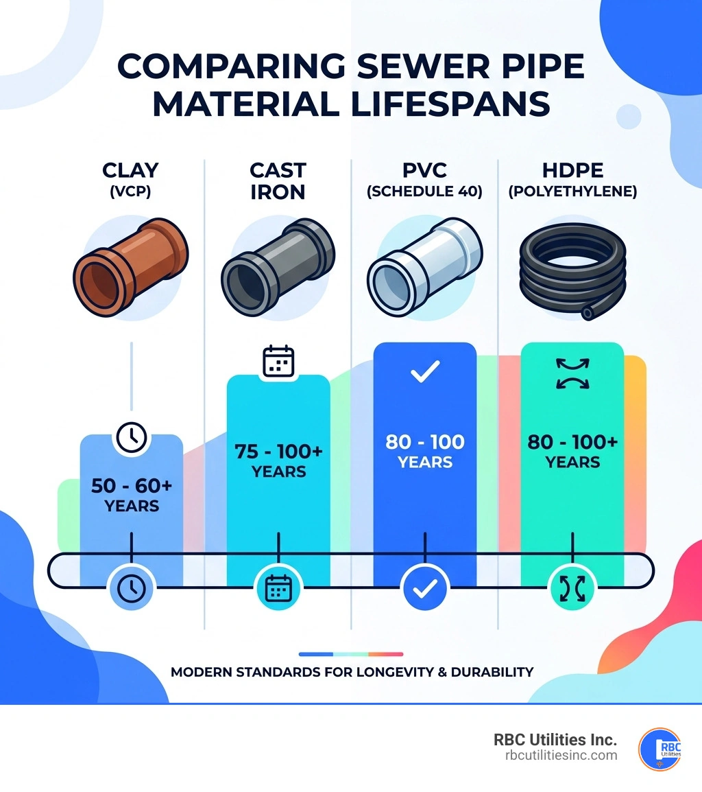 Comparison of sewer pipe material lifespans - sewer line installation contractors infographic Comparison of sewer pipe material lifespans - sewer line installation contractors infographic