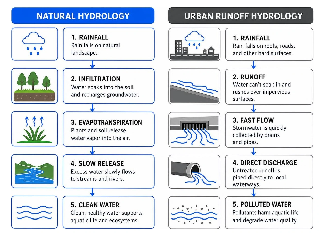 Diagram comparing natural hydrology to urban runoff hydrology Diagram comparing natural hydrology to urban runoff hydrology