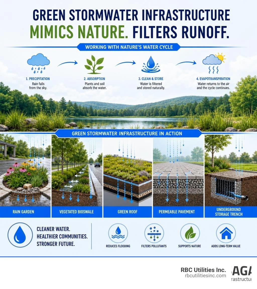 Infographic showing how green stormwater infrastructure mimics the natural water cycle to filter runoff infographic Infographic showing how green stormwater infrastructure mimics the natural water cycle to filter runoff infographic