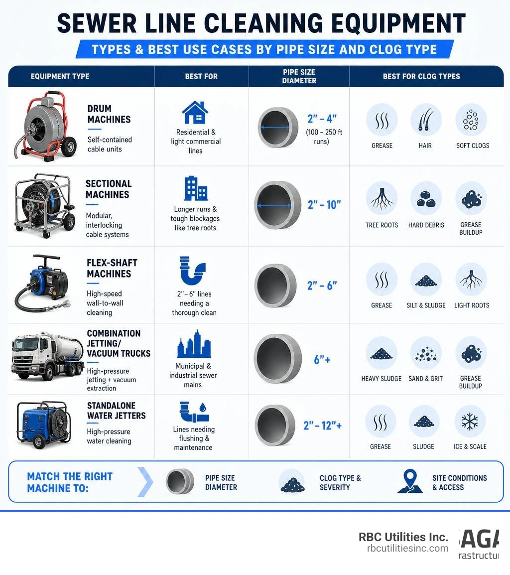 Types of sewer line cleaning equipment and their best use cases by pipe size and clog type infographic Types of sewer line cleaning equipment and their best use cases by pipe size and clog type infographic