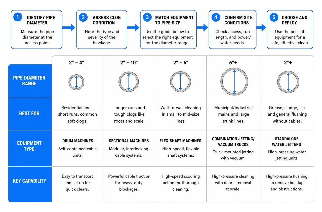 Comparison process of selecting sewer cleaning equipment based on pipe diameter Comparison process of selecting sewer cleaning equipment based on pipe diameter