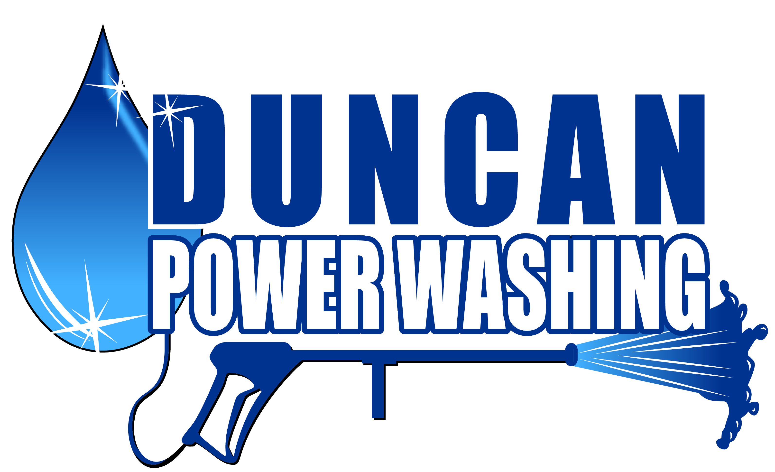 Logo for Duncan Power Washing featuring a large blue water droplet with sparkles, the word DUNCAN in bold blue letters, and POWER WASHING in white letters over a stylized blue pressure washer spray wand.
