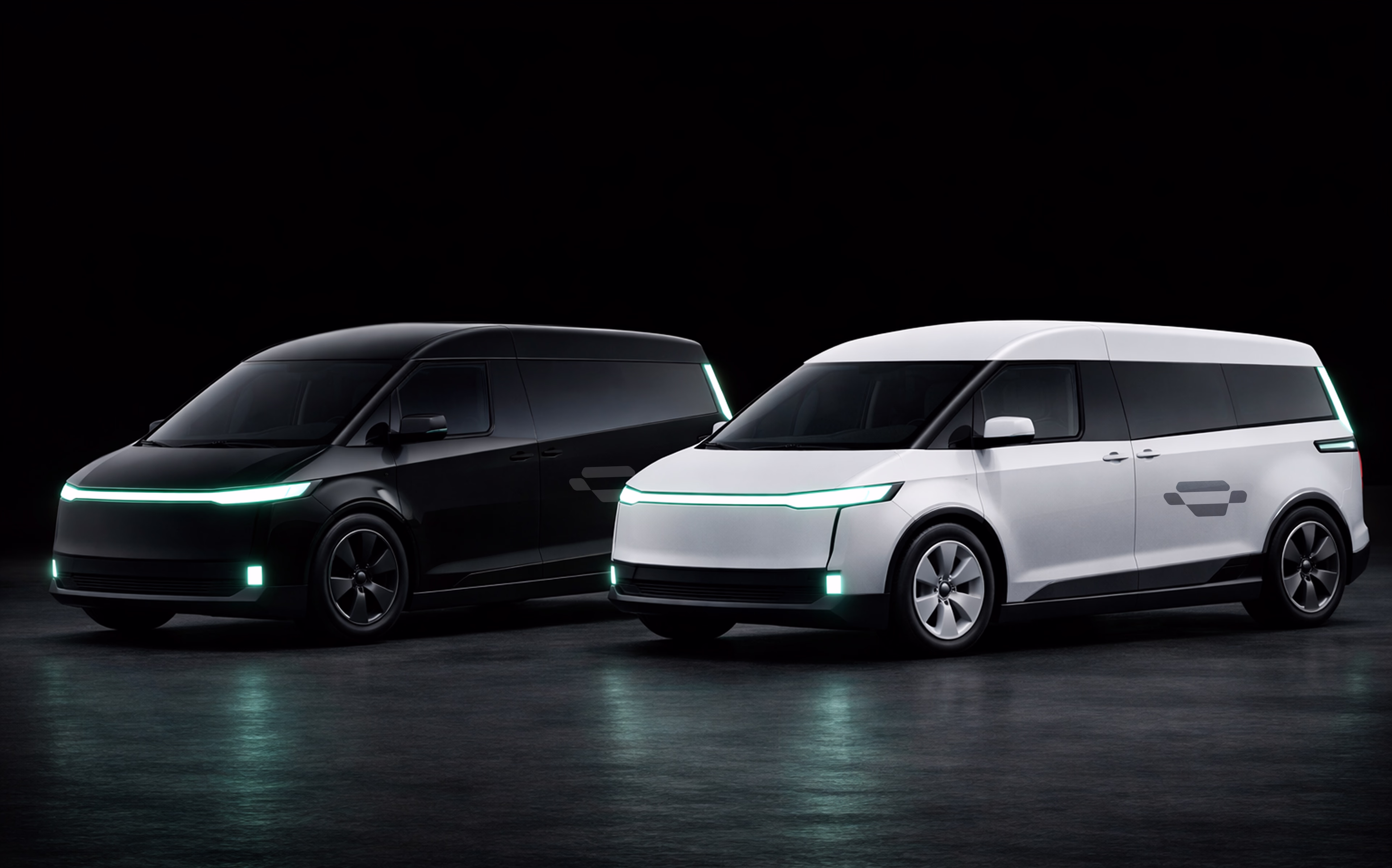 Two sleek, futuristic electric vans, one white and one black with illuminated teal headlights, on a black background.
