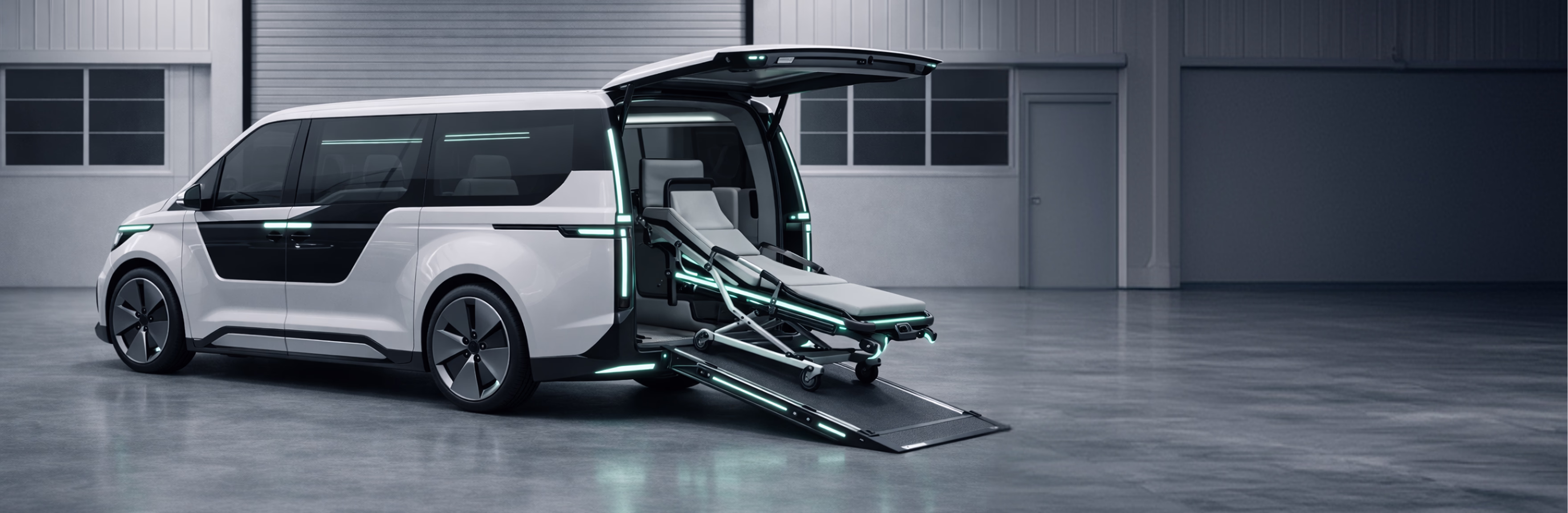 Silver wheelchair-accessible van with side door and rear hatch open, showing a yellow stretcher and ramp.