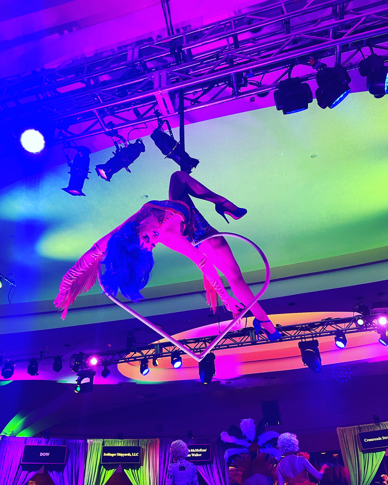 Aerialist suspended on silks at a corporate gala