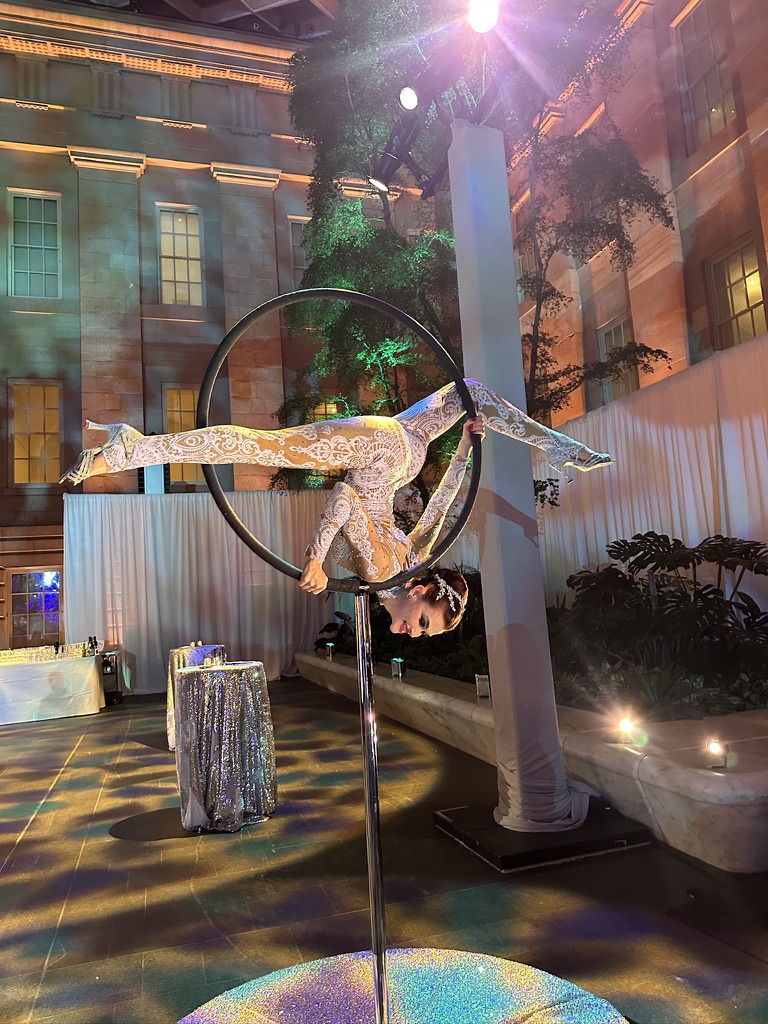 Lyra aerialist performing on hoop apparatus