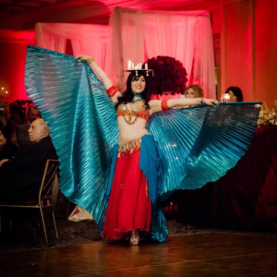 Belly dancer with dramatic veil work at a DC cultural event