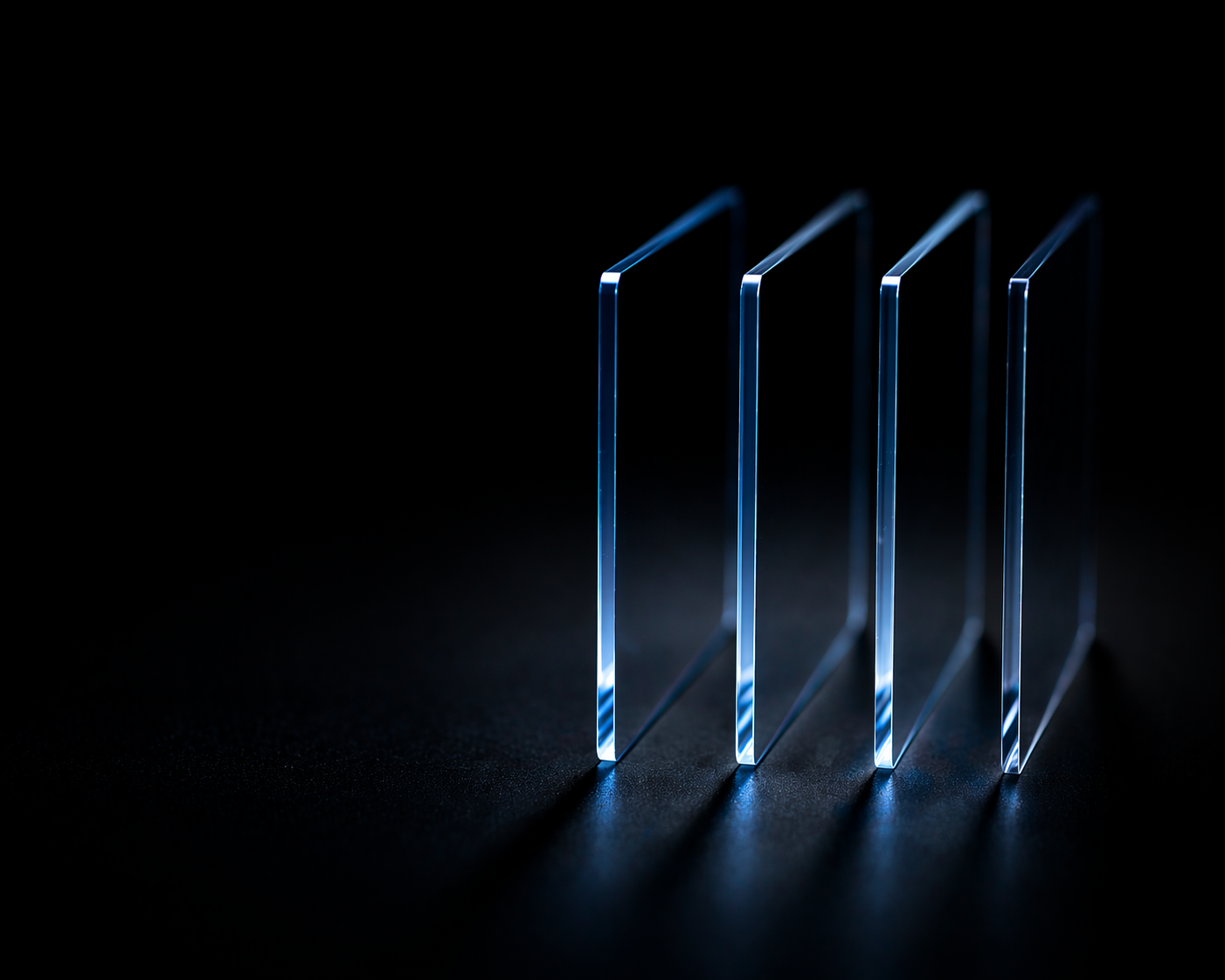 Four rectangular optical glass substrates standing upright on a dark reflective surface, shown edge-on with blue light refracting through each pane and casting shadows behind them.