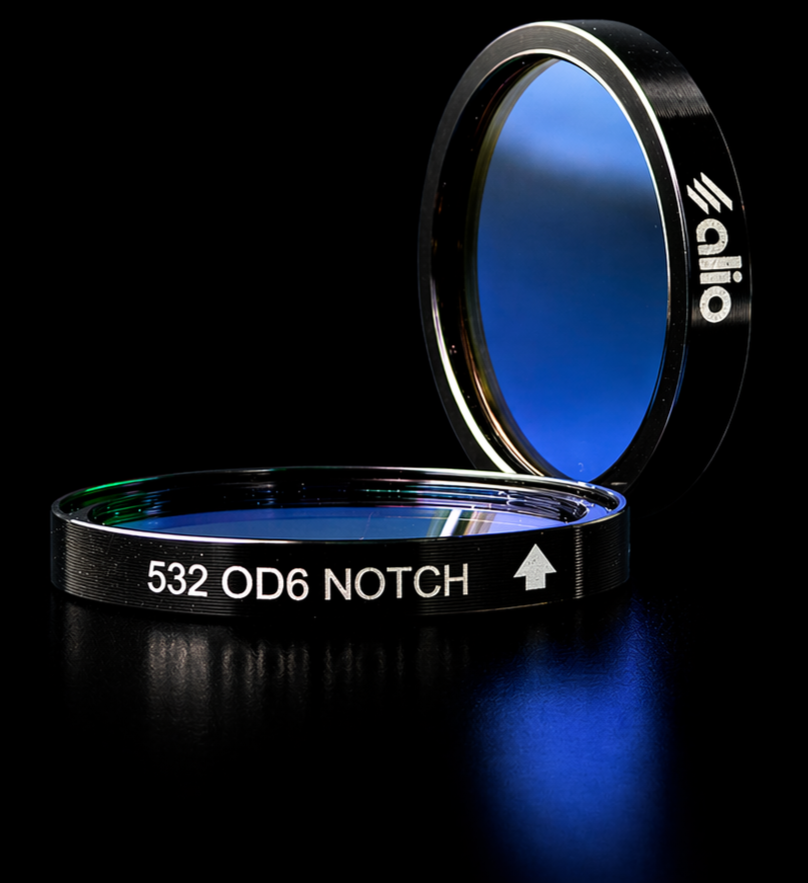 Two mounted 532 nm OD6 notch filters in black anodized housings on a reflective surface. One filter lies flat showing the engraved label "532 OD6 NOTCH" with a directional arrow, while the second stands upright behind it showing the deep blue interference coating and Alio Labs logo on the mount edge.