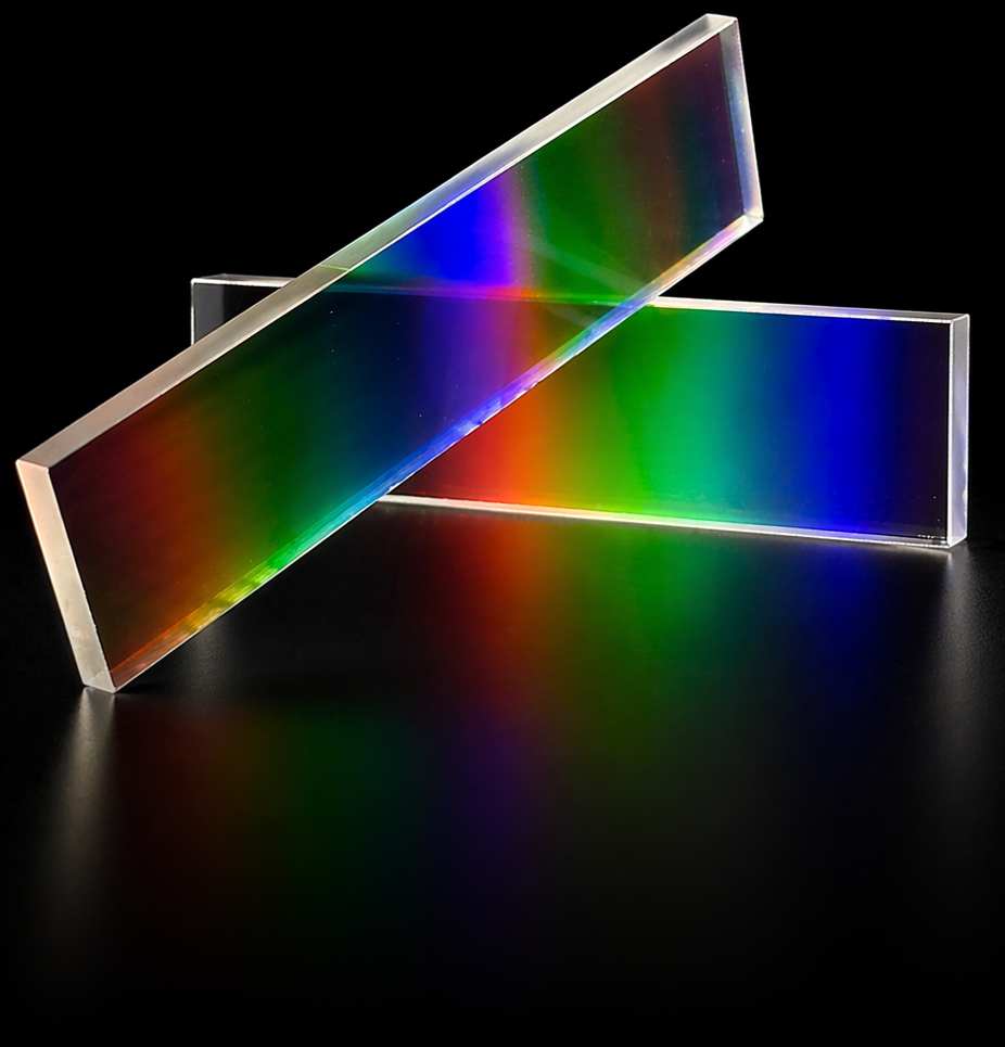 Two rectangular linear variable filter shown at an angle, displaying a continuous rainbow gradient from violet through blue, green, yellow, and red across its length, illustrating the spatially varying wavelength transmission.