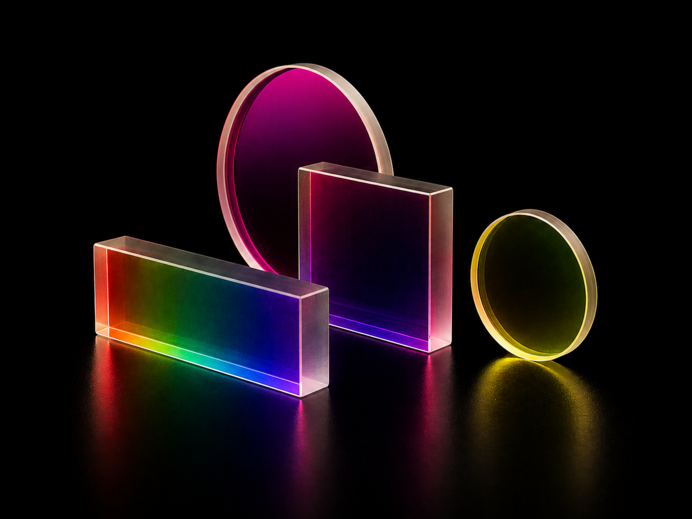 Four unmounted optical filters arranged on a reflective black surface: a large circular filter with a deep magenta coating, a square filter with a purple-to-pink gradient, a rectangular linear variable filter displaying a full spectrum rainbow gradient from red through green to blue, and a small circular filter with an olive-green and yellow coating.