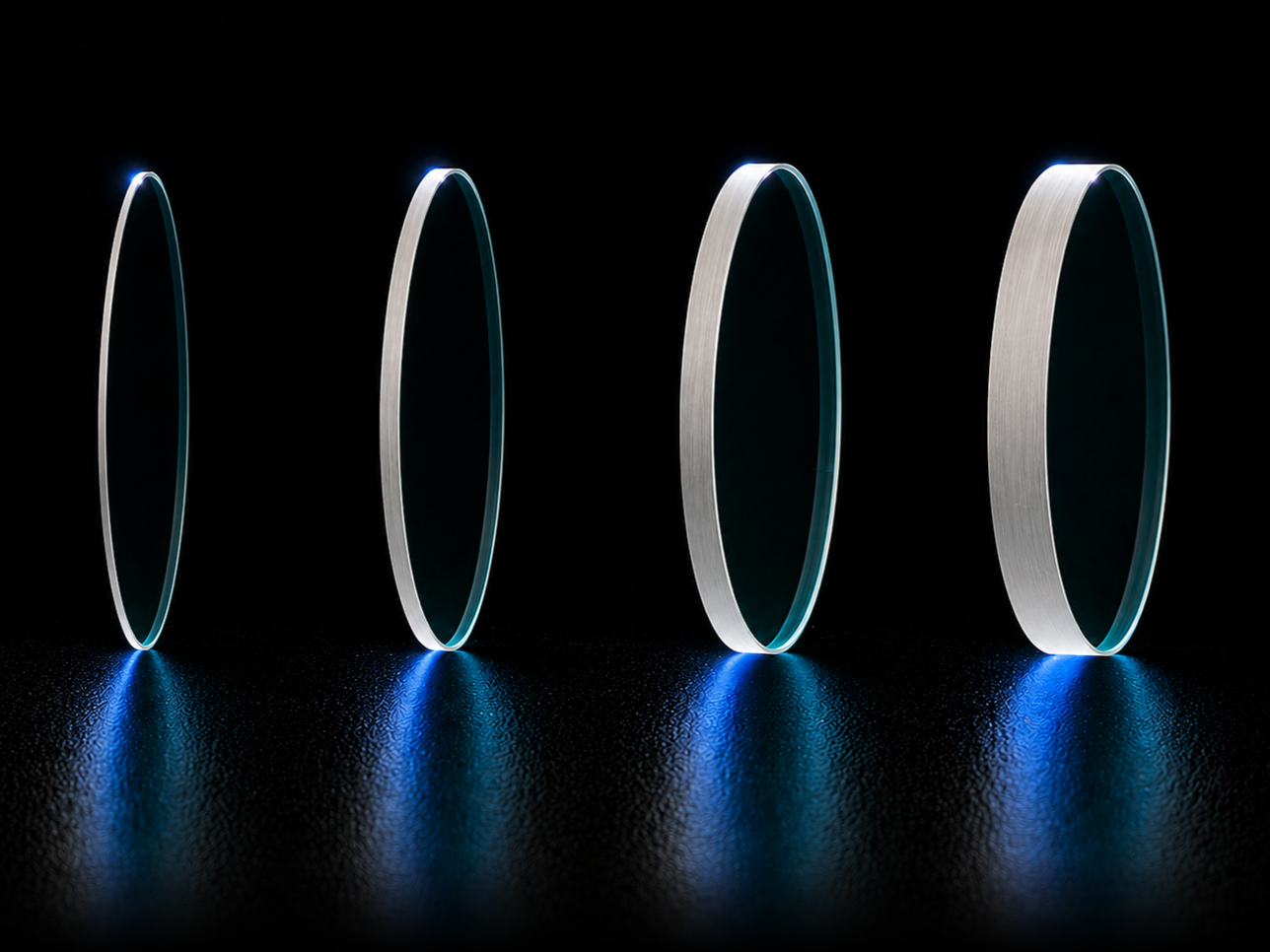 Four circular unmounted optical filter substrates stood upright on a reflective surface, shown edge-on to highlight their varying thicknesses — ranging from very thin on the left to progressively thicker on the right. Each filter has a dark teal anti-reflection coating and casts a blue glow on the surface below.